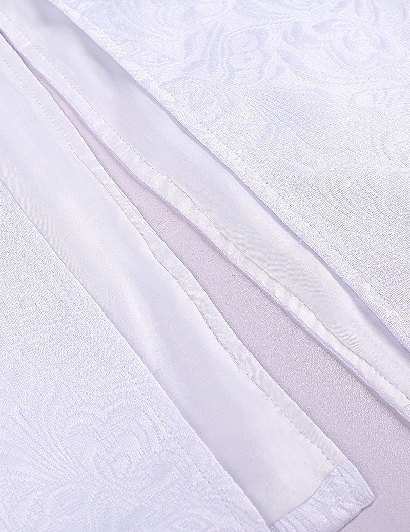 White jacquard coat close-up with stitched panels and seam detail