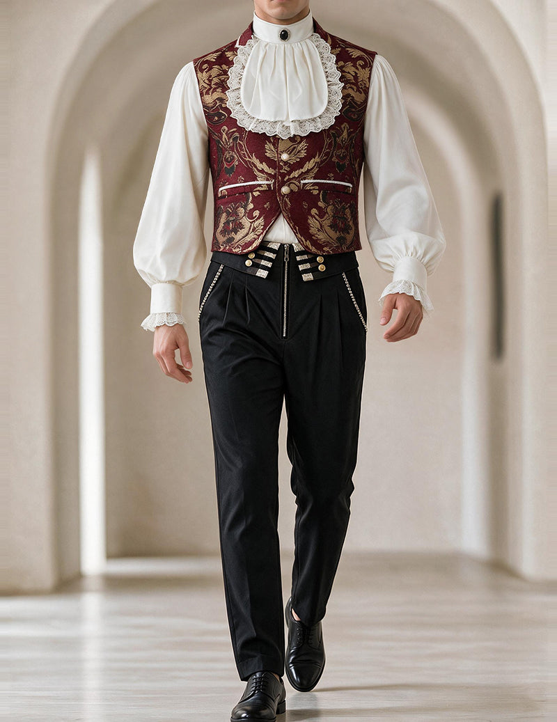 Men's renaissance-style jacquard vest, white ruffled shirt, black trousers set with gold trim