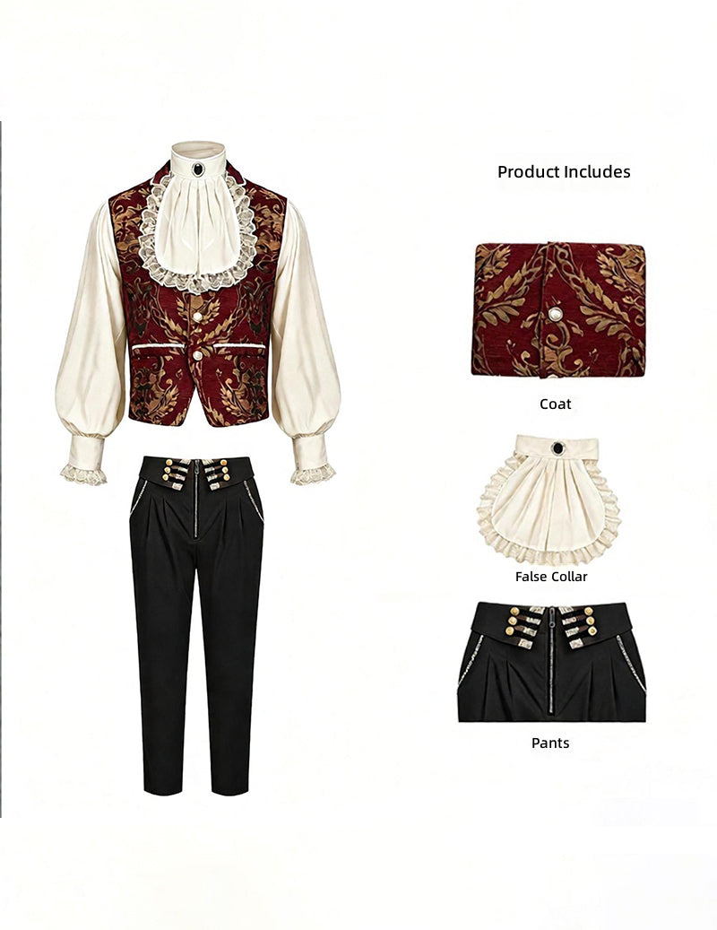 Men's renaissance-style outfit set: jacquard vest, white ruffled shirt, black pants