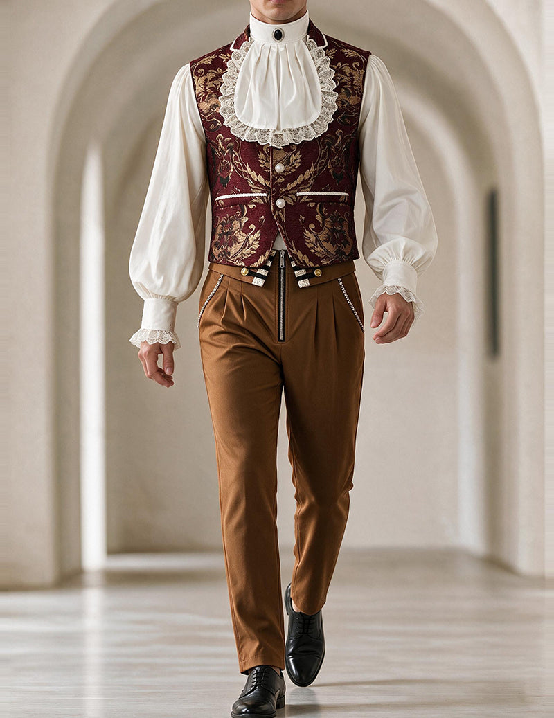 Men's renaissance-style jacquard vest, white ruffled shirt, brown trousers set with gold details