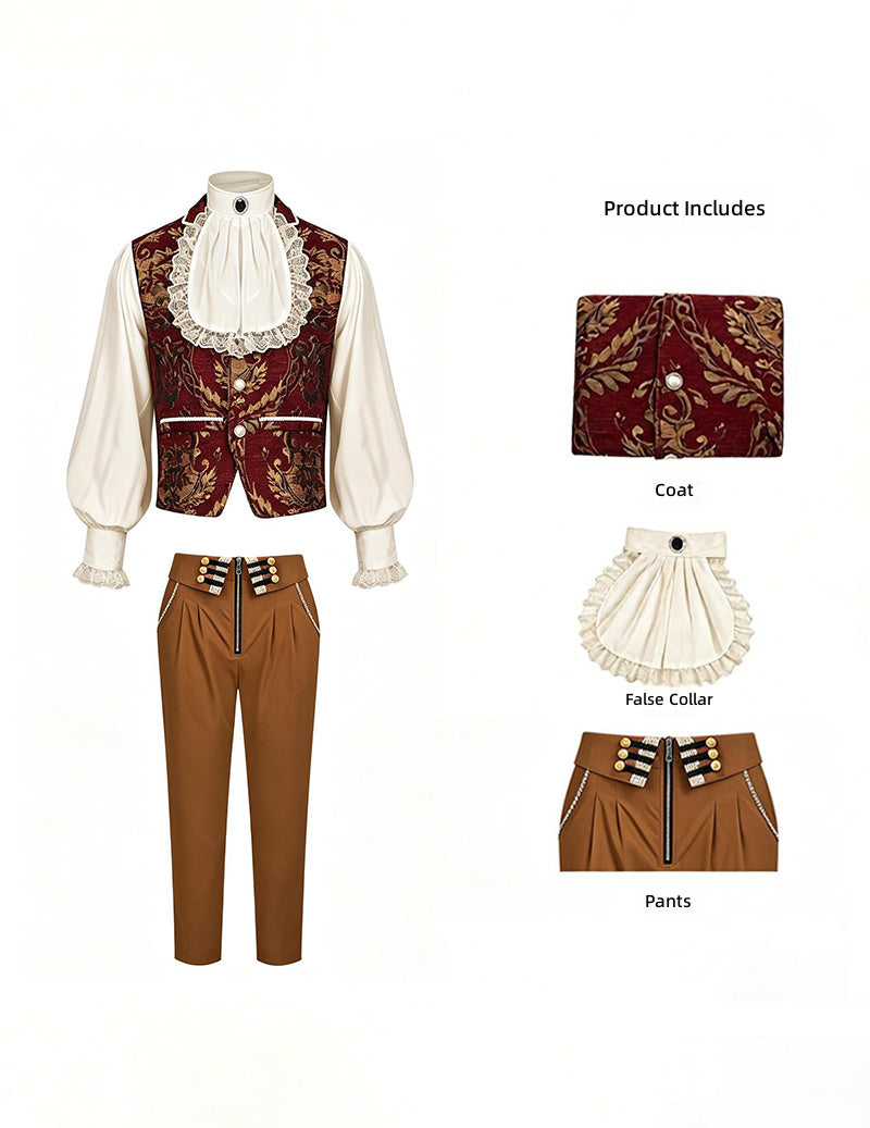 Men's renaissance-style outfit set: jacquard vest, white ruffled shirt, brown pants