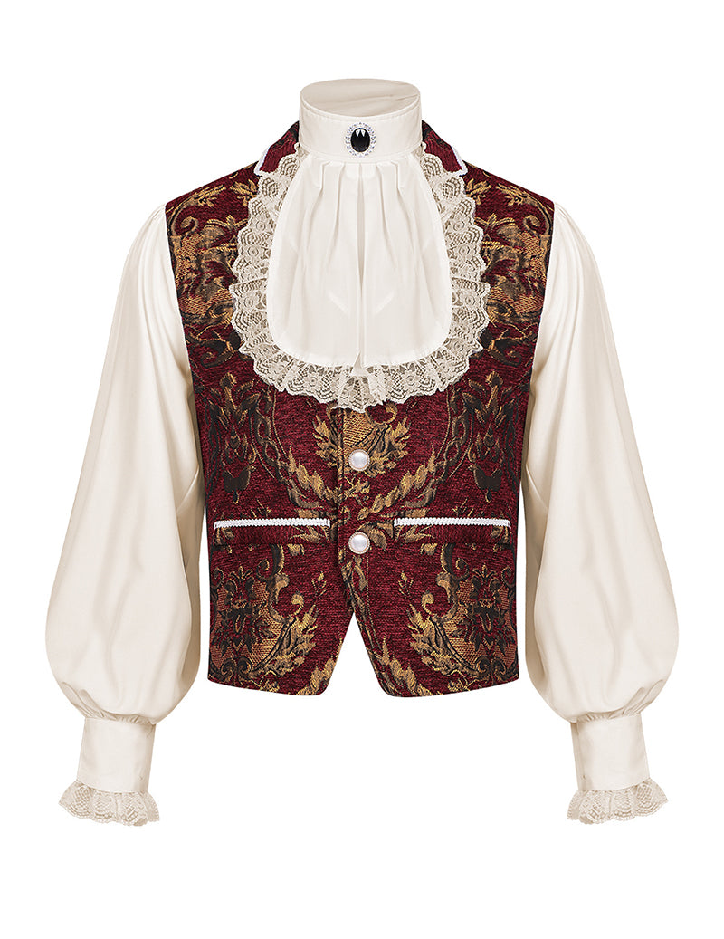 Men's renaissance jacquard vest and white shirt set with lace cuffs, burgundy-gold