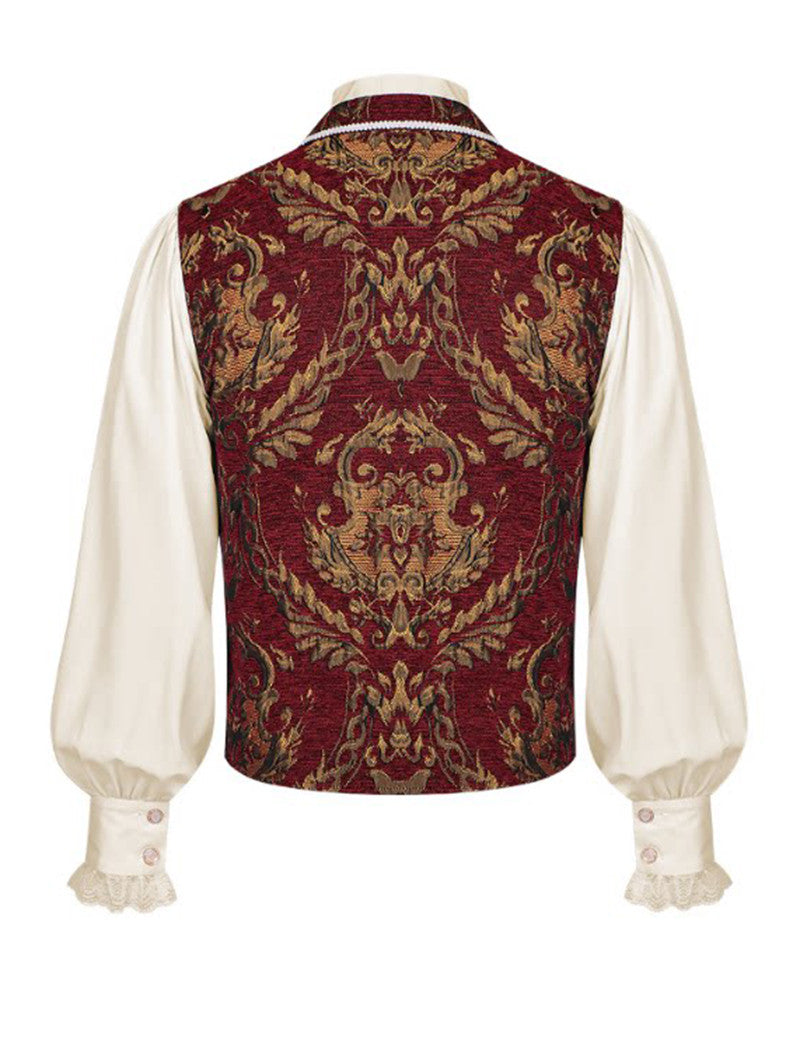 Back of renaissance-style jacquard vest with cream sleeves and ornate burgundy pattern