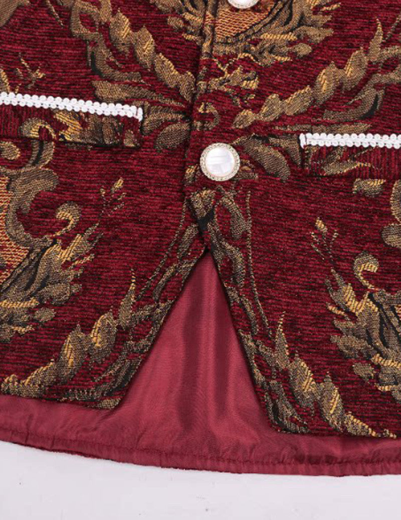 Renaissance jacquard vest front close-up with gold motifs, silver buttons, burgundy