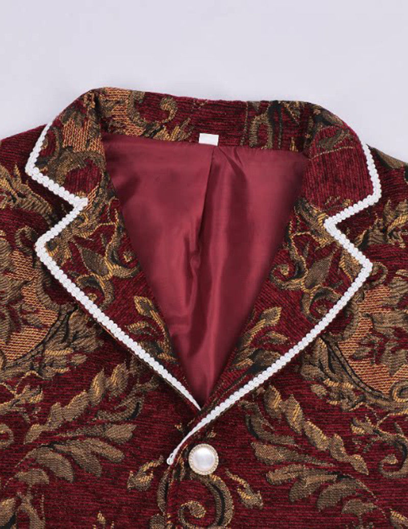Burgundy jacquard vest interior lining with white-trimmed lapel and decorative button