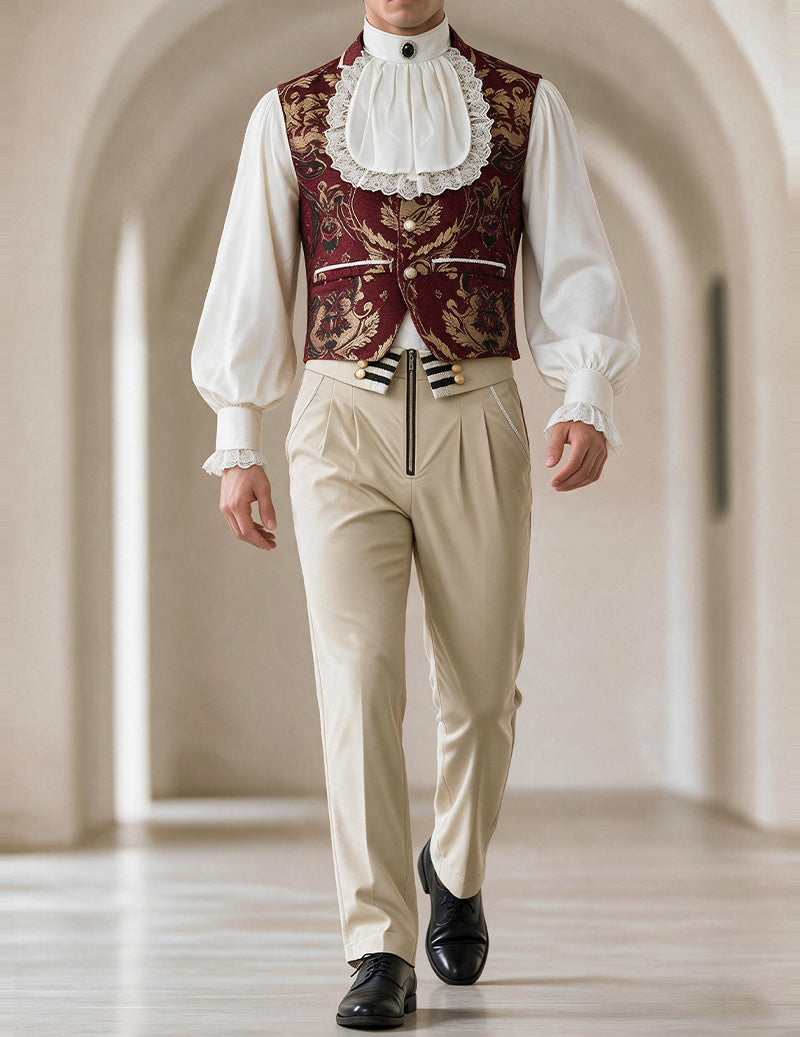 Men's renaissance-style jacquard vest, white ruffled shirt, khaki trousers set with gold buttons