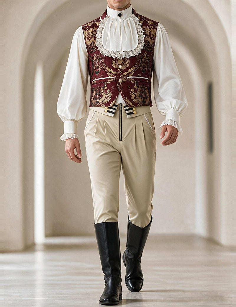 Men's renaissance-style jacquard vest, white ruffled shirt, khaki trousers, front view