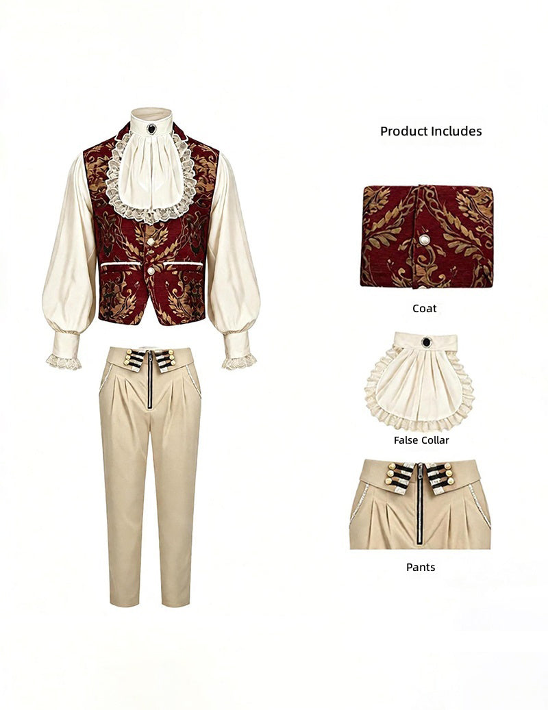 Men's renaissance-style outfit set: jacquard vest, white ruffled shirt, khaki pants