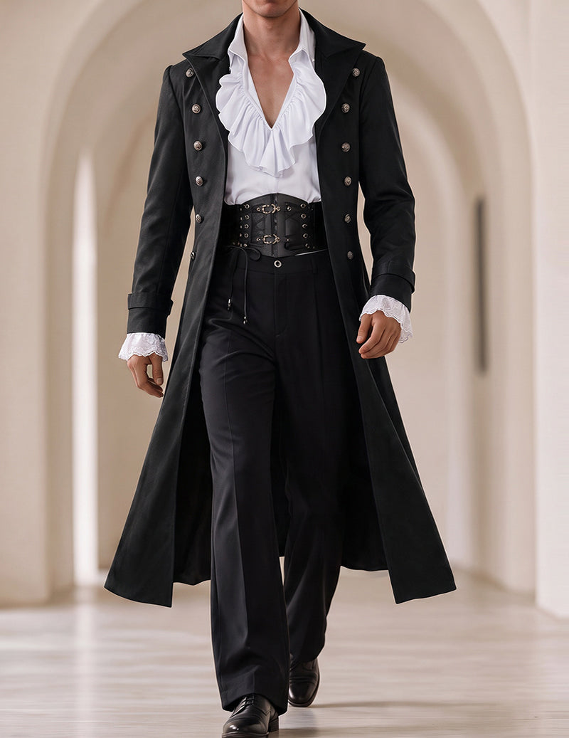 Men's gothic long coat, black double-breasted with silver buttons and lace-trim cuffs