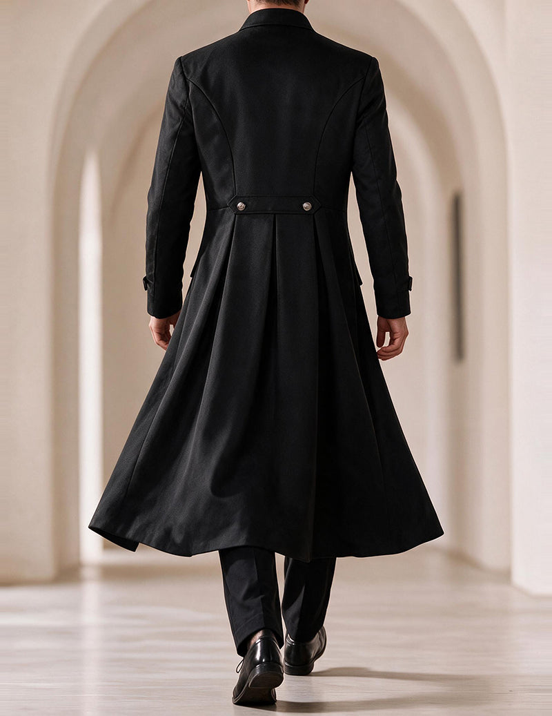 Men's gothic long coat, black back view with waist belt and double-breasted styling