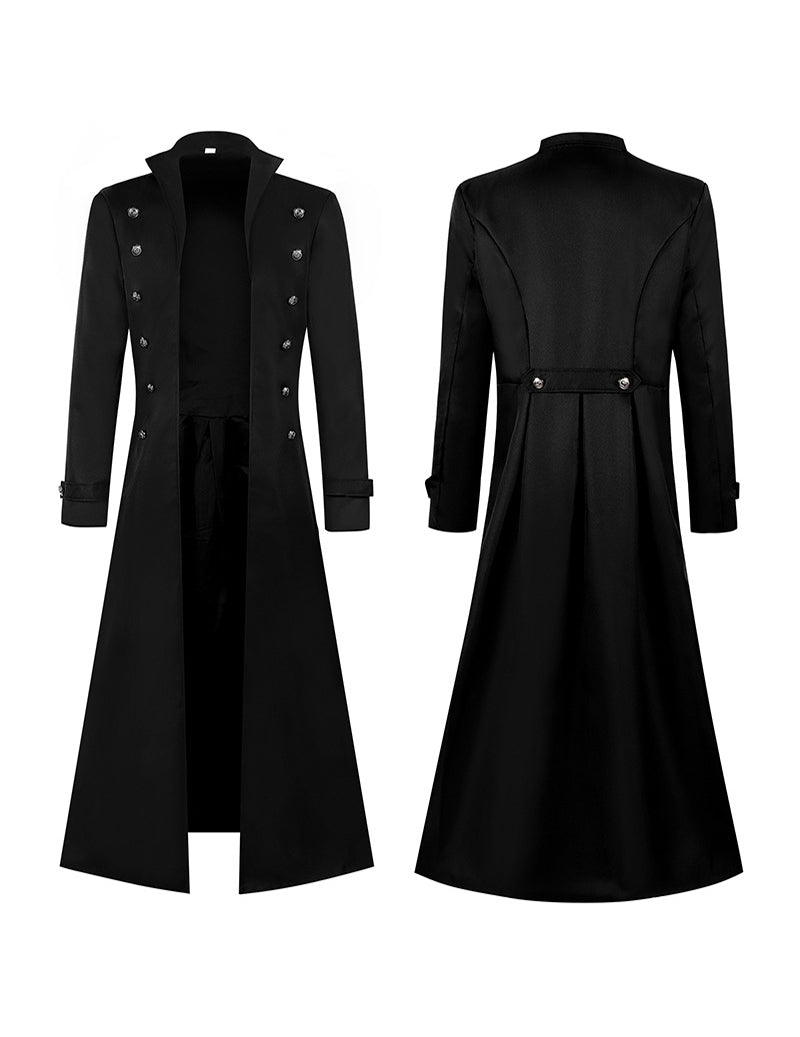 Black gothic long coat front and back view with double-breasted silver button trim