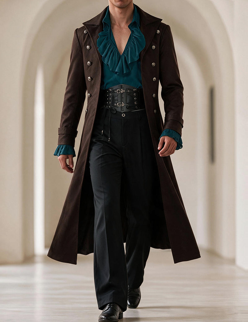 Men's gothic long coat, brown double-breasted with silver buttons and lace cuffs