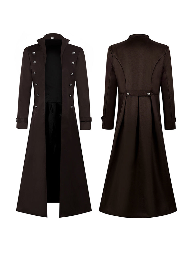 Brown gothic long coat front and back view with double-breasted silver button trim