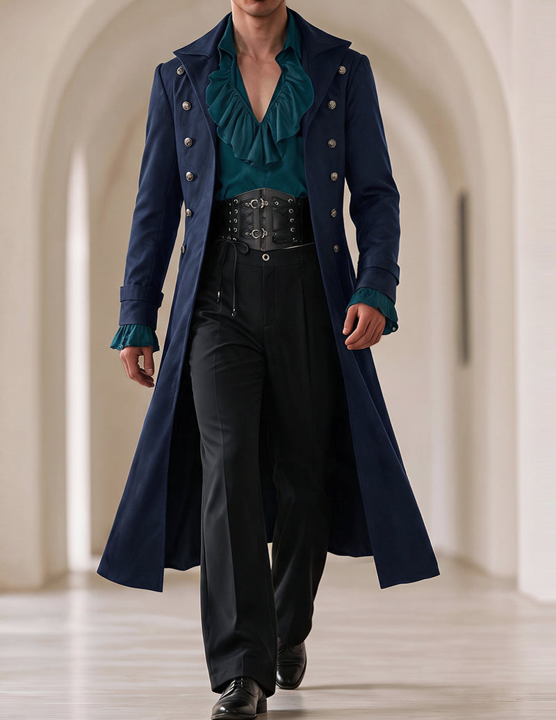 Men's gothic long coat, navy double-breasted with silver buttons and waist belt