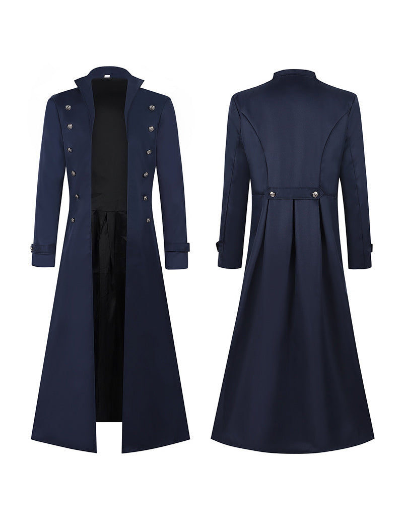 Navy gothic long coat front and back view with double-breasted silver button trim