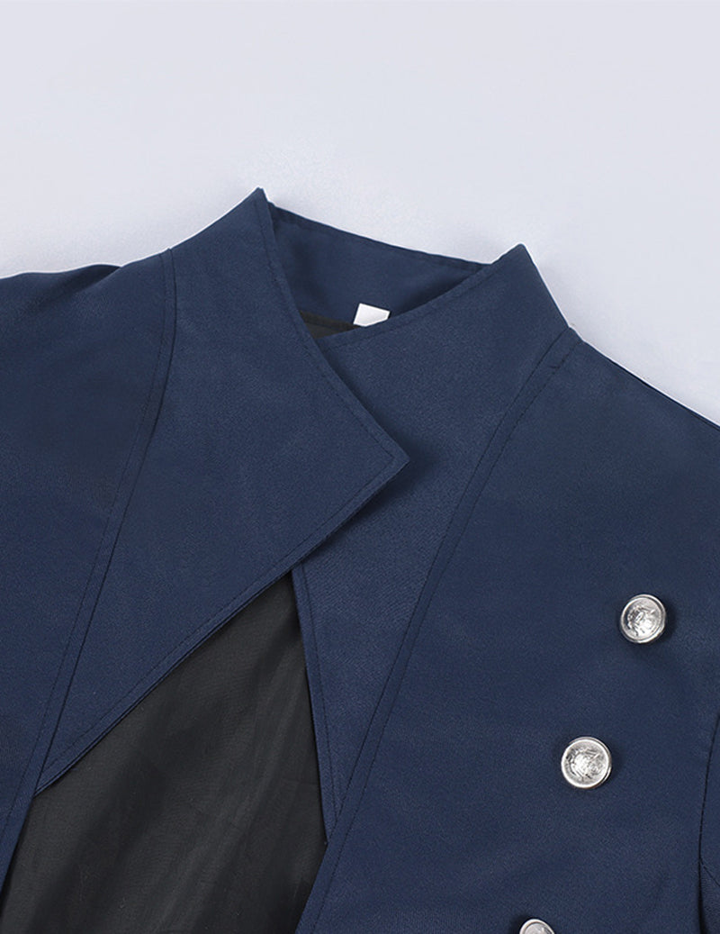 Navy long coat detail: raised collar and silver double-breasted buttons