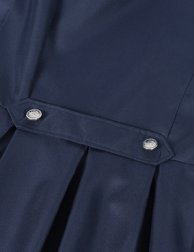 Navy long coat detail: double-breasted front with silver buttons and flap seam