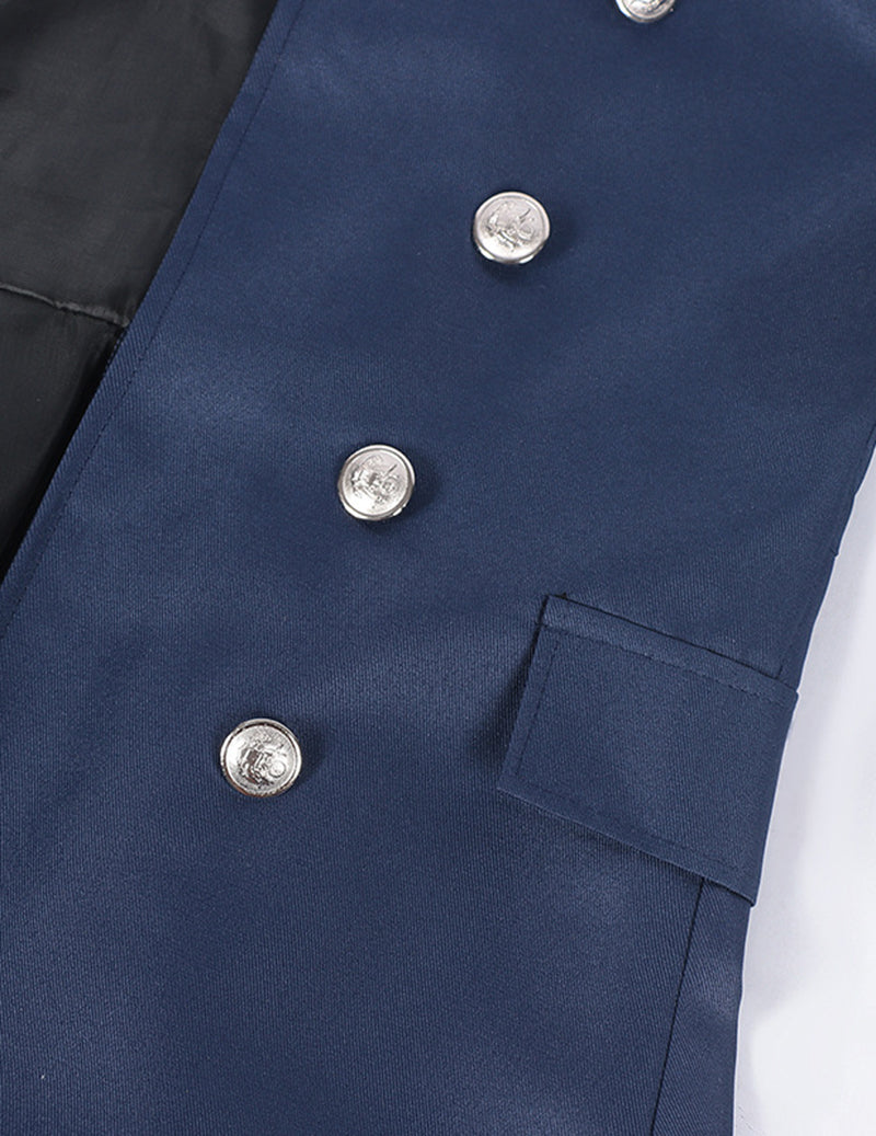 Navy long coat detail: silver buttons and chest pocket on double-breasted placket