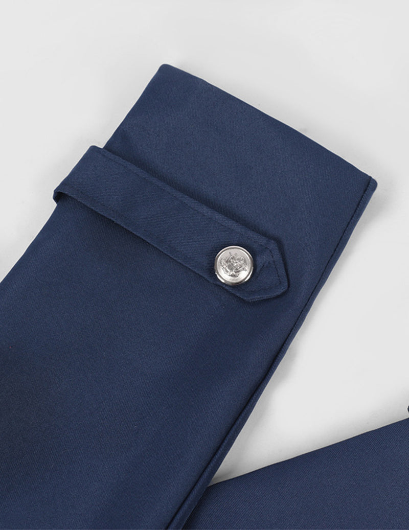 Navy long double-breasted gothic coat, snap cuff detail with metal button