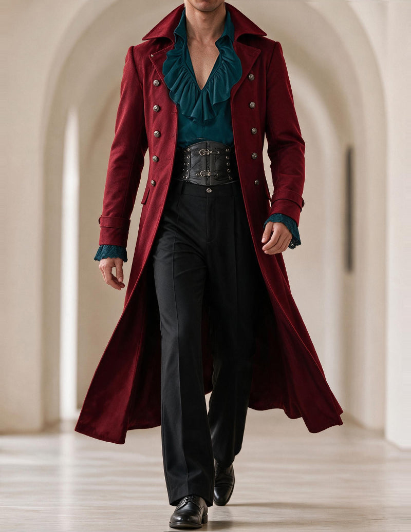 Burgundy long double-breasted gothic coat with silver button placket