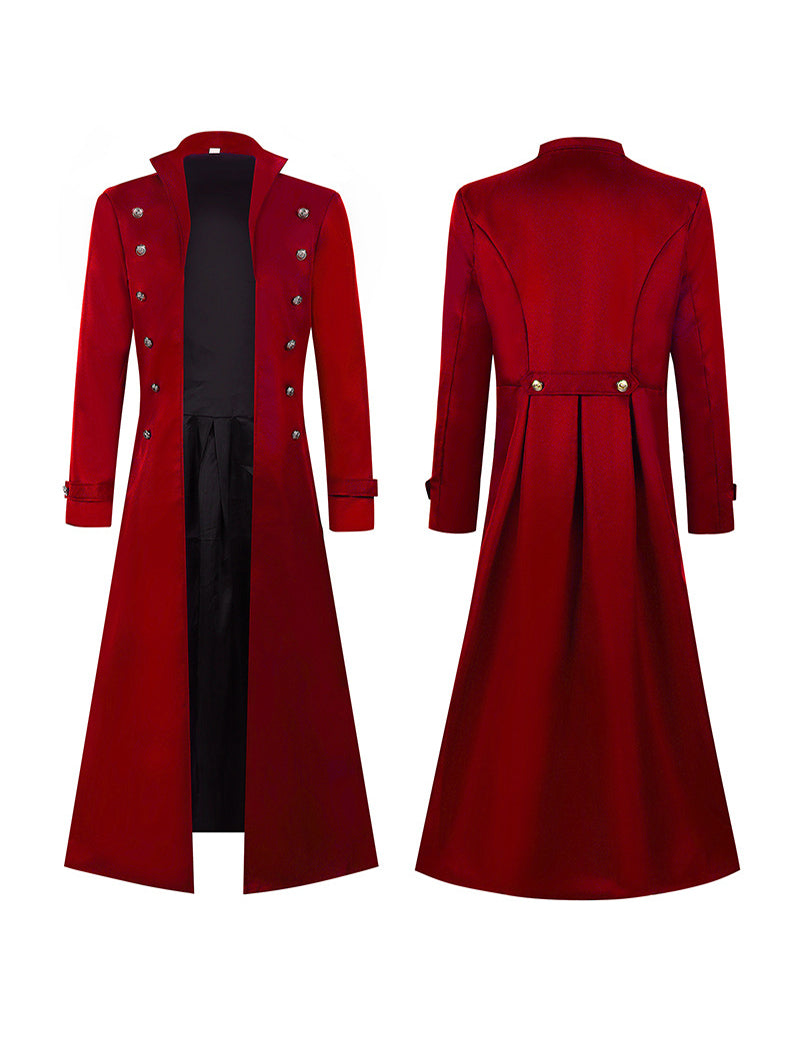 Red long double-breasted gothic coat, belted waist and metal button detailing