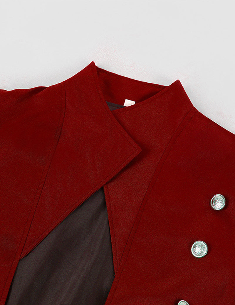 Red long double-breasted gothic coat, notch lapel with silver button detail