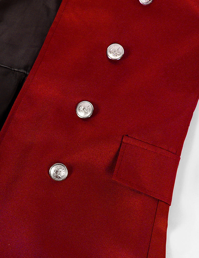 Red long double-breasted gothic coat front, silver buttons and welt pocket detail