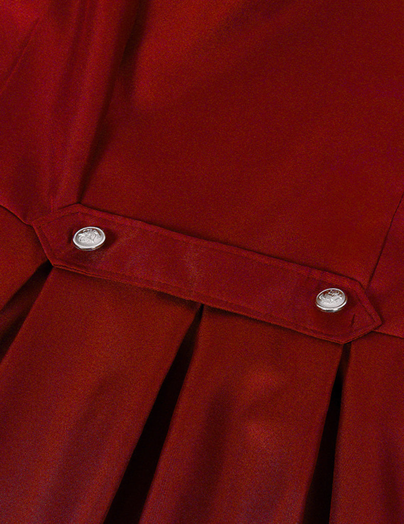 Red long double-breasted gothic coat, wide belt with silver button detail