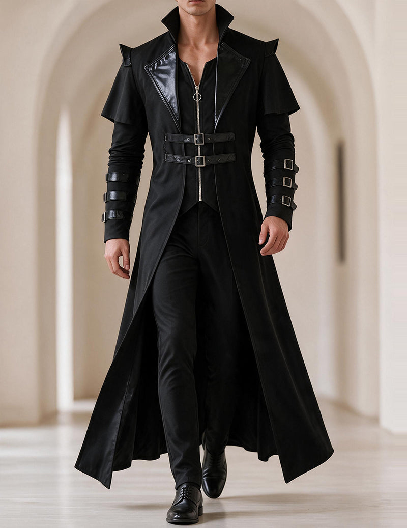 Black long gothic military coat with PU leather trim, ruffled shoulders and buckled belt