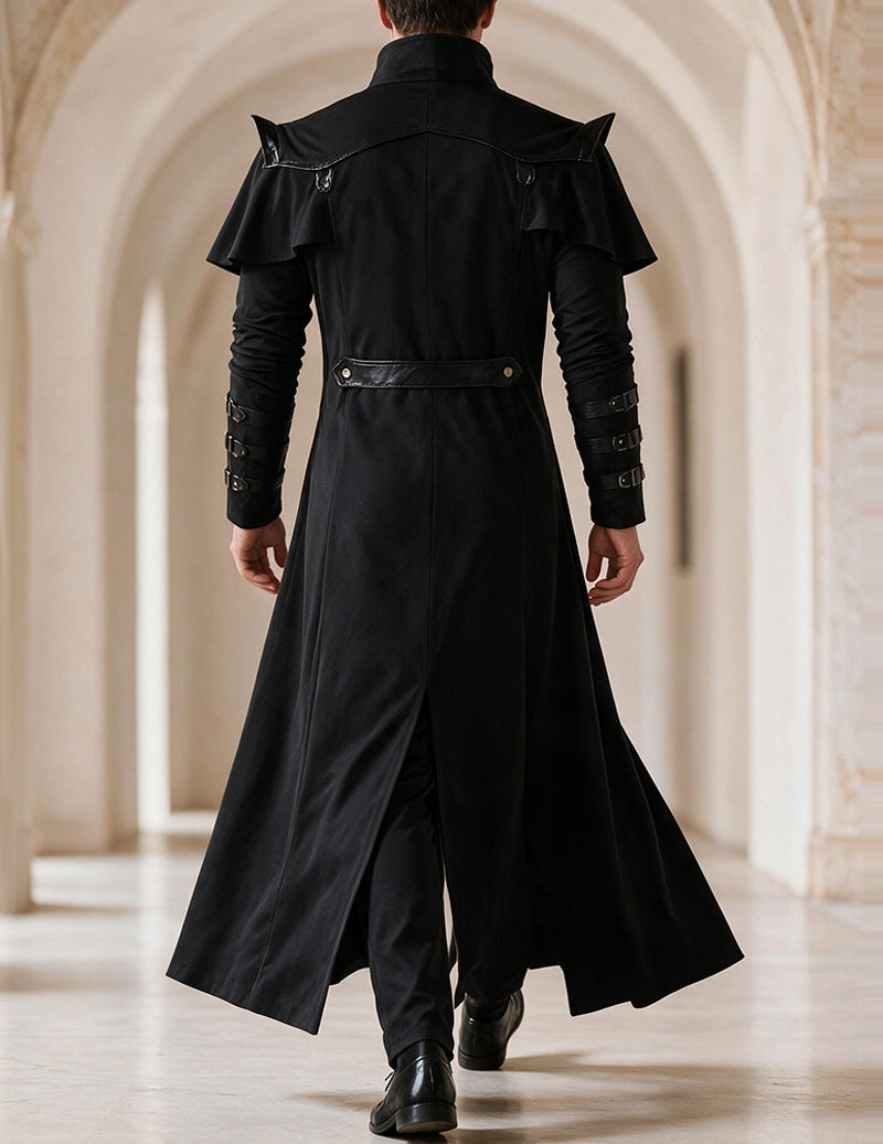 Black long coat, back view, ruffled shoulder capelets and buckled waist strap