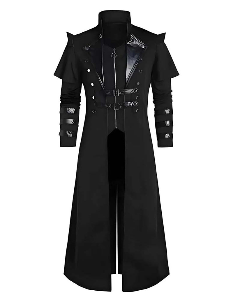 Black long front coat with lapel straps, buckle belt, and epaulet details