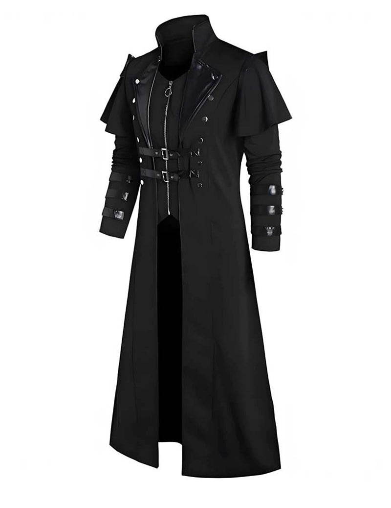Black long coat with ruffled shoulders, studded cuffs, and buckled waist belt