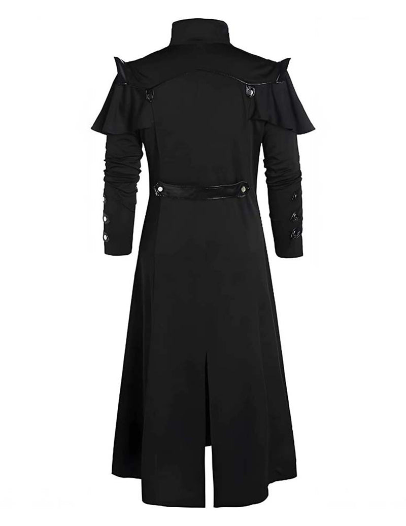 Black long coat with back yoke, ruffled shoulders, and waist belt