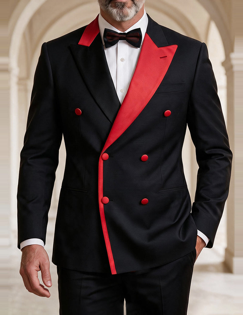 Men's black double-breasted blazer with red contrast trim and shawl collar