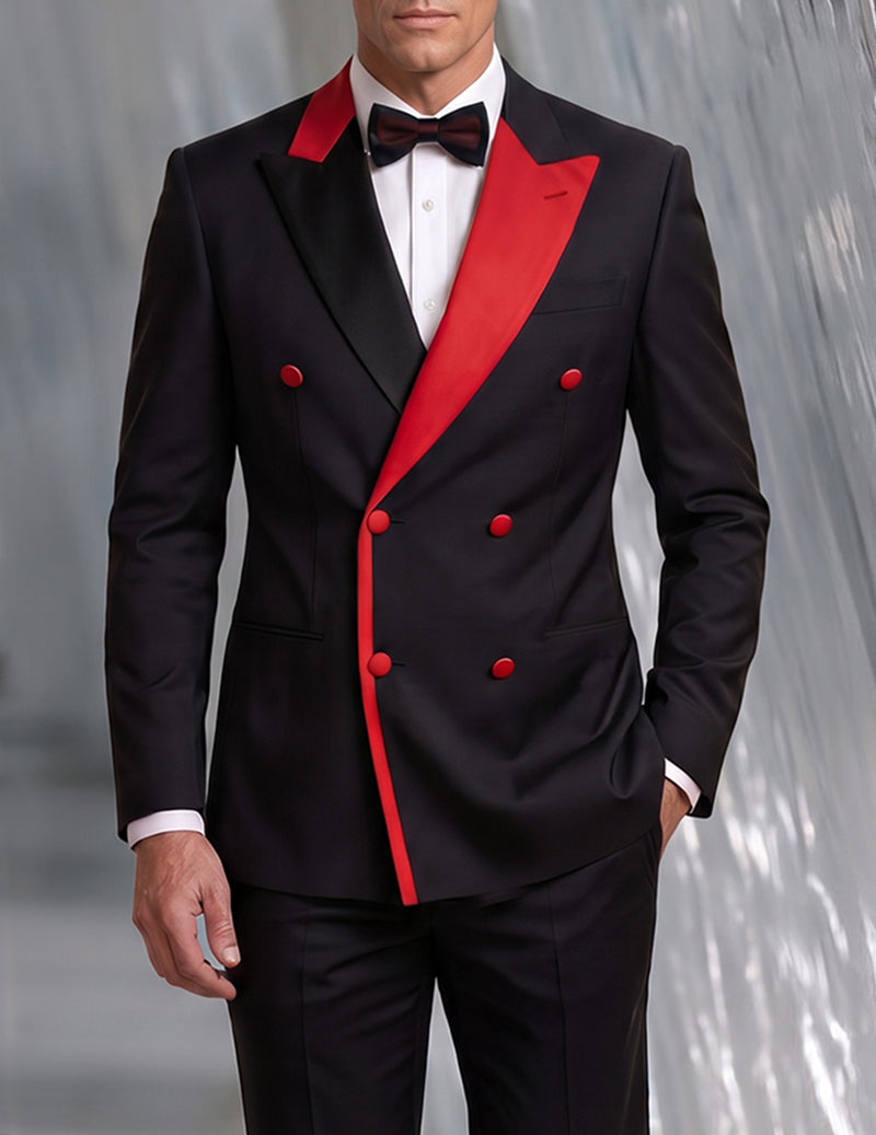 Men's black front blazer with red contrast trim, double-breasted, shawl collar