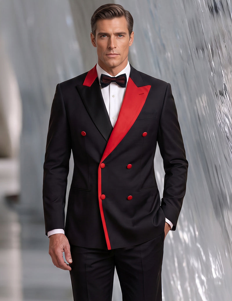 Men's black double-breasted blazer with red contrast trim and bow-tie shawl collar