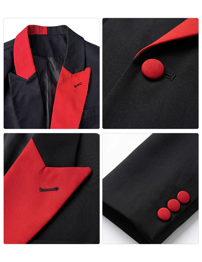 Detail view of red-trimmed black blazer lapels, pocket, and double-breasted buttons