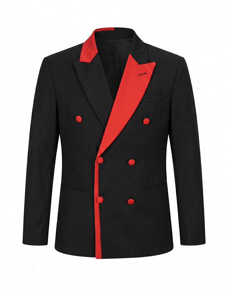 Men's black blazer with red contrast shawl lapels and double-breasted button front