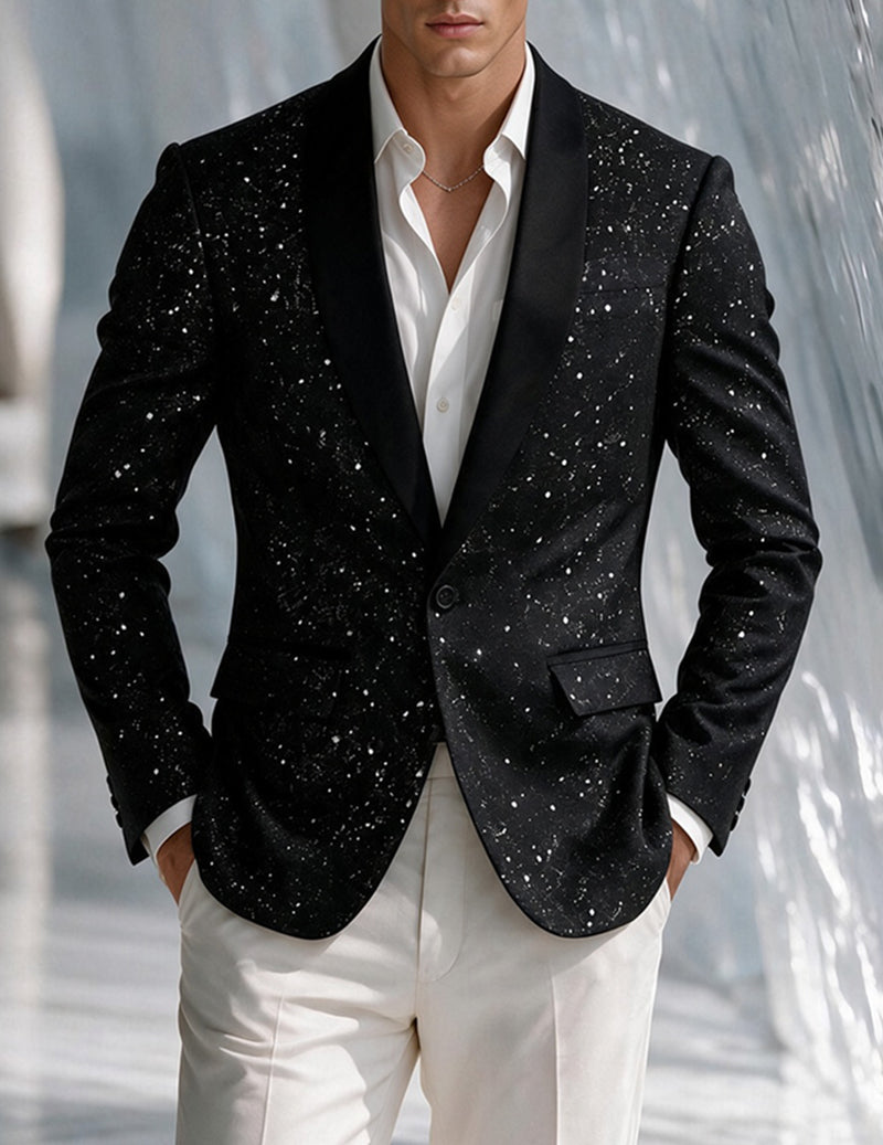Men's black sequin shawl-collar blazer, single-button front and welt pocket