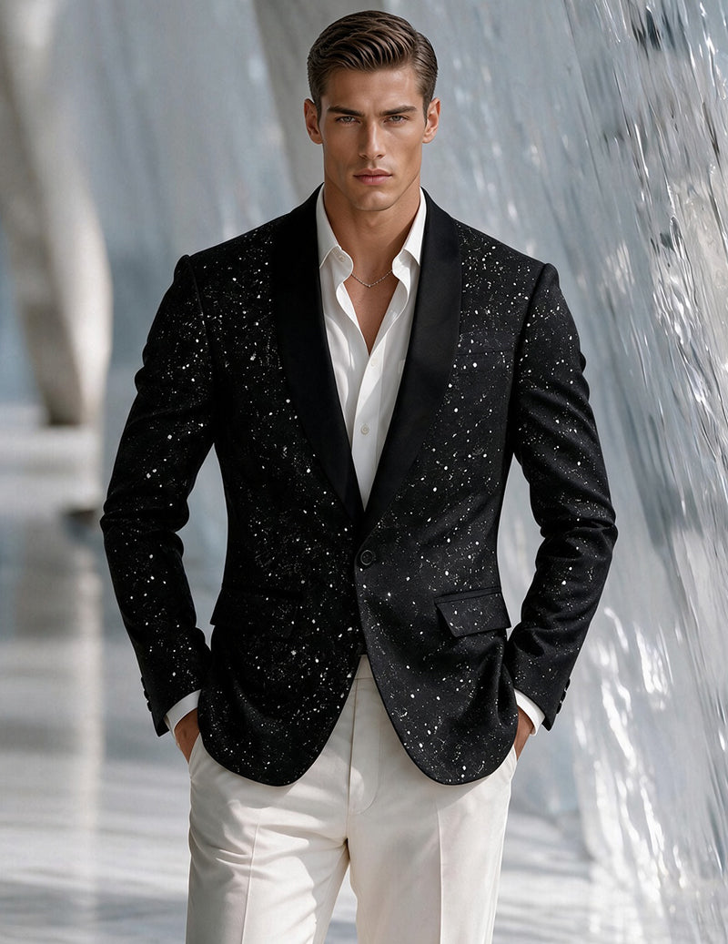 Men's black sequin shawl-collar blazer front view with single-button closure