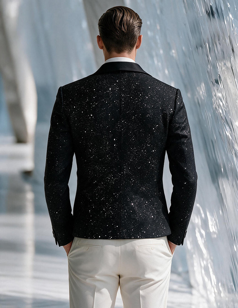 Men's black sequin blazer back view with shawl-collar seam detail