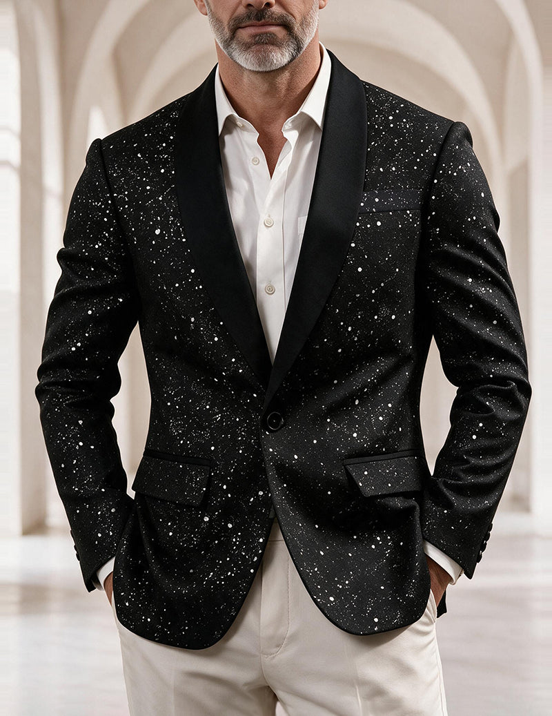 Men's black sequin shawl-collar blazer with flap chest pocket and single button