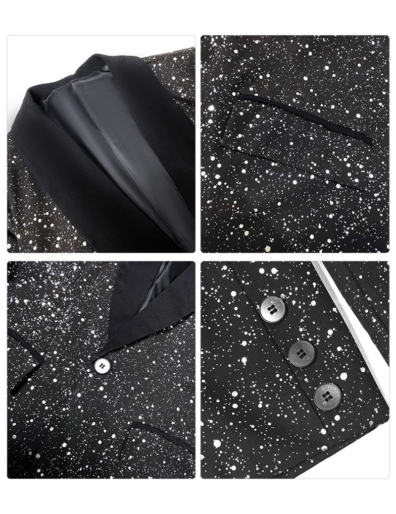 Black sequin blazer close-up: lapel stitching and button front detail