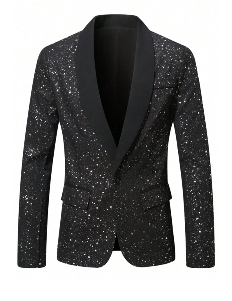 Black sequin shawl-collar blazer with single-button front and chest pocket