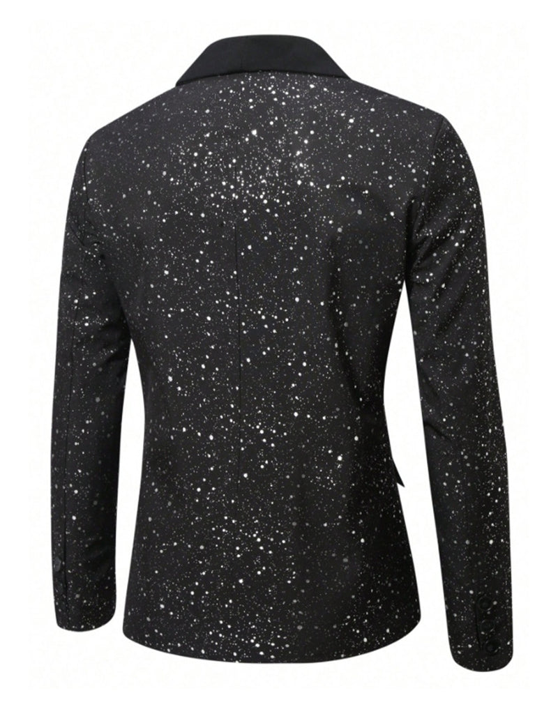 Back of black sequin shawl-collar blazer with curved seam lines