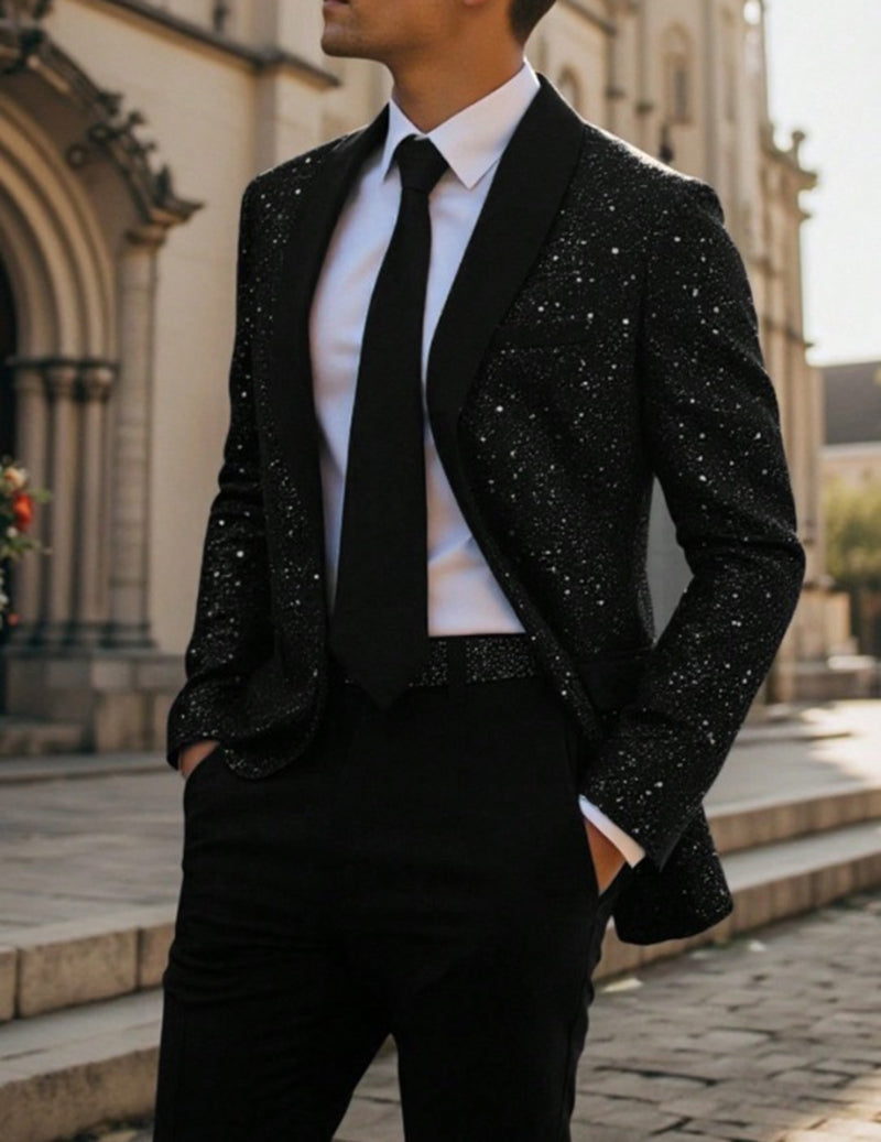 Black sequin shawl-collar blazer worn with white dress shirt and dark trousers