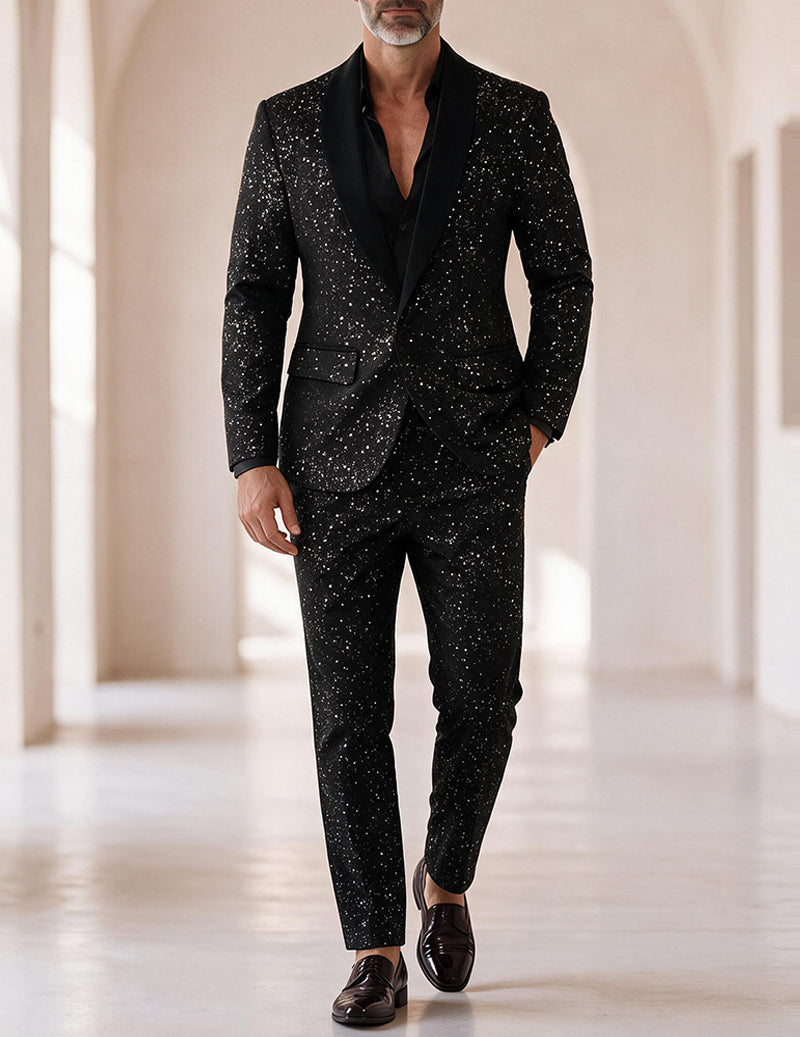 Men's black sequin blazer and pants set, shawl-collar jacket with slim trousers