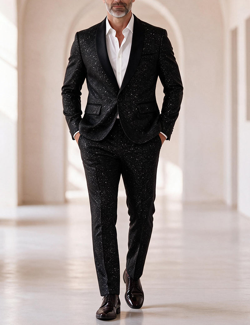 Black sequin blazer and pants set, shawl-collar jacket with slim tapered trousers