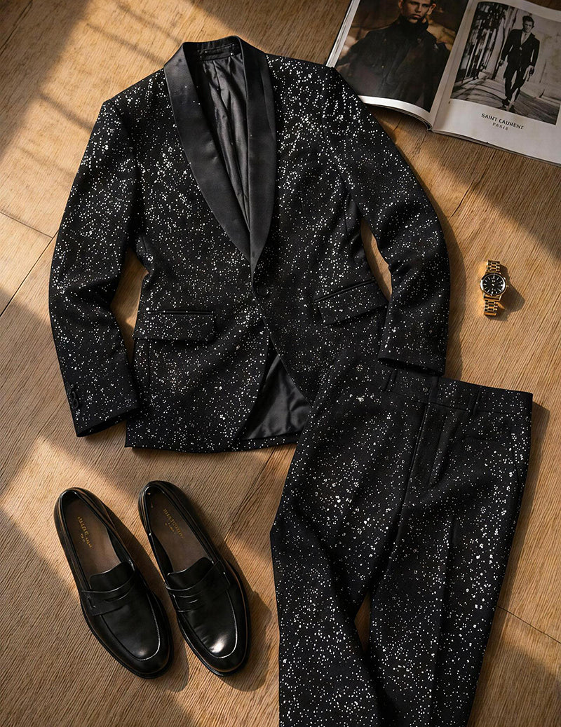 Black sequin blazer and pants set flat lay with matching dress shoes