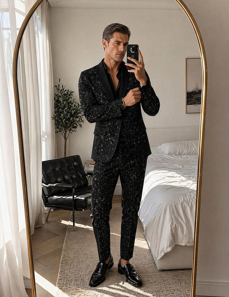 Black sequin blazer and pants set, mirror selfie with open shawl-collar jacket